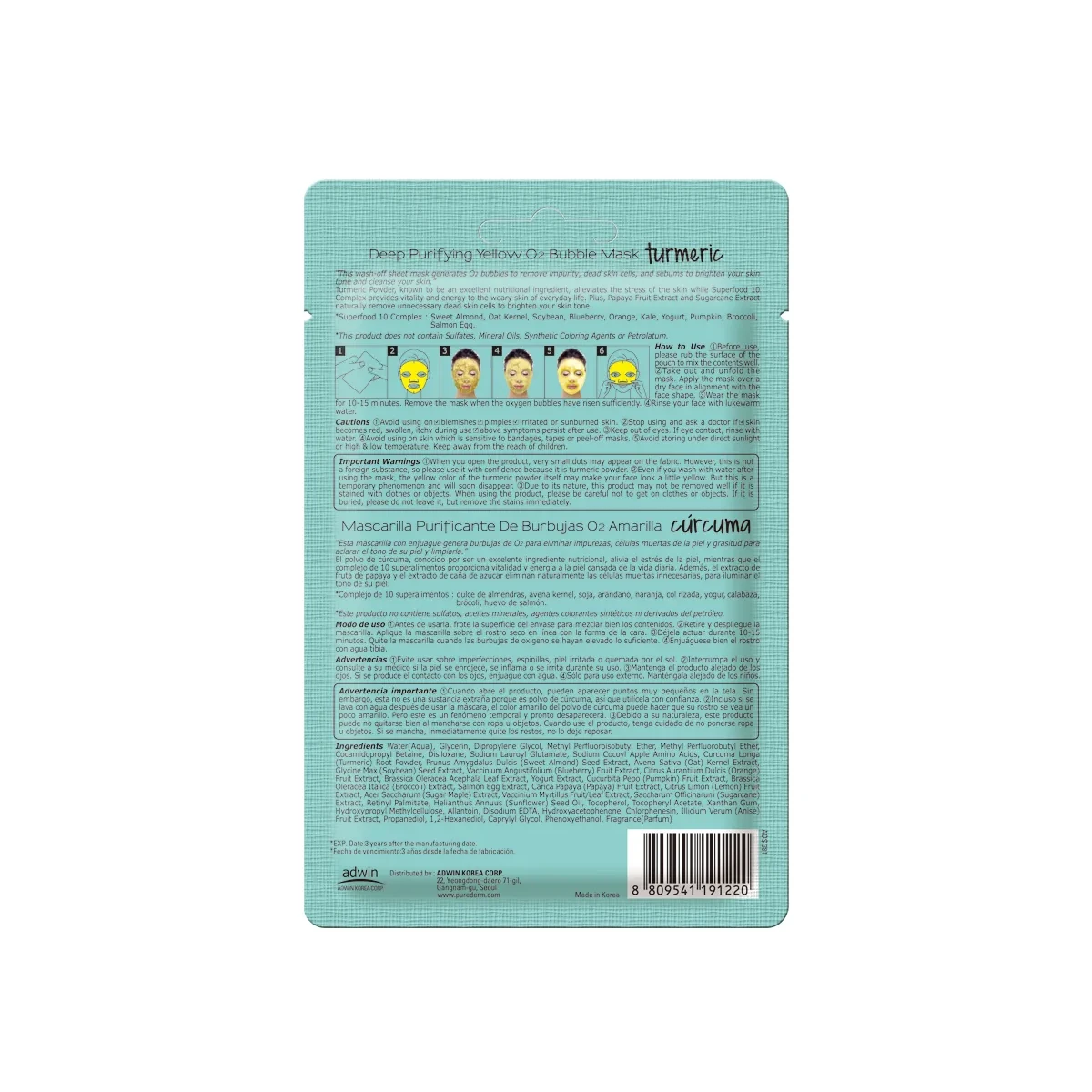 PUREDERM Deep Purifying Yellow O2 Bubble Mask Turmeric 1Pcs